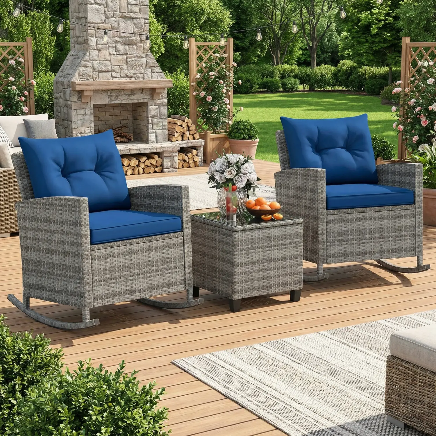 Spaco 3 Piece Patio Rattan Rocker Chair Set with Tempered Glass Table and Dark Blue Cushions, Patio Conversation Set, Outdoor Furniture Set