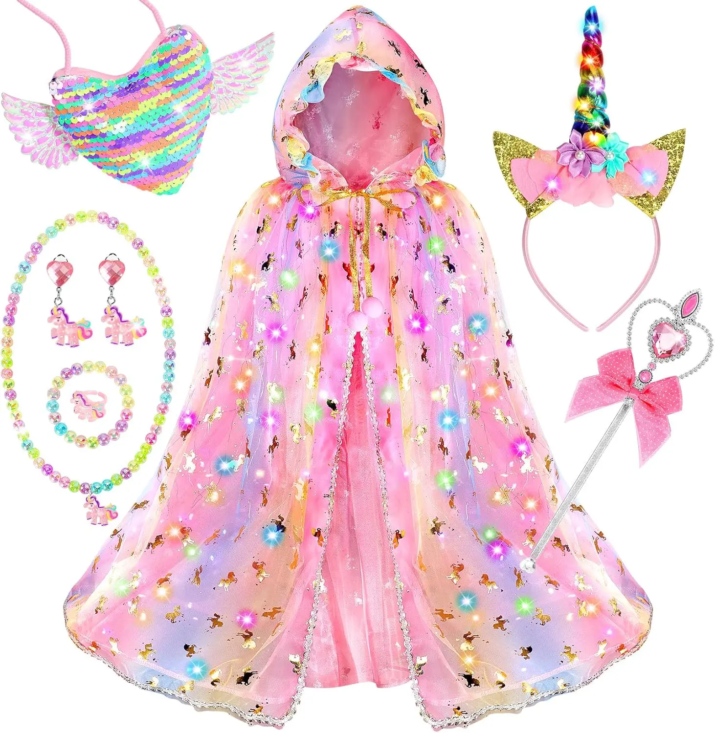 Princess Dress up for Girls,Unicorn Light up Princess Cape Set,Light up Princess Dress with Unicorn Toys for Girls 3-8