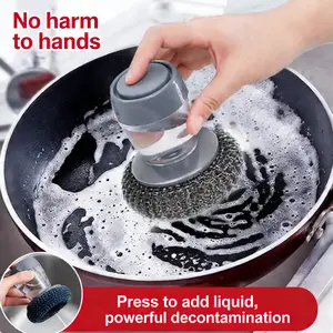 Automatic Soap Dispensing Dish Brush with Press Button – One-Hand Cleaning Scrubber for Frying Pans, Plates, Dishes and Small Bowls