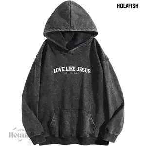 Holafish Women's "Love Like Jesus" Print Acid Wash Hoodie Vintage Sweatshirt Oversized Loose Fit Winter Warm Streetwear Casual Tunic