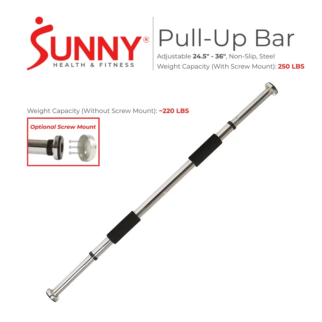 SUNNY Doorway Chin Up Bar Pull Up Bar Adjustable 24.5" to 36" Heavy Duty Muscle Exercise Equipment Home Gym Kit for Pull Ups Chin Ups Leg Lifts Push Ups Upper Body Strength Training Chest Arms Shoulders Indoor Apartment Home Workout Fitness Bar Portable