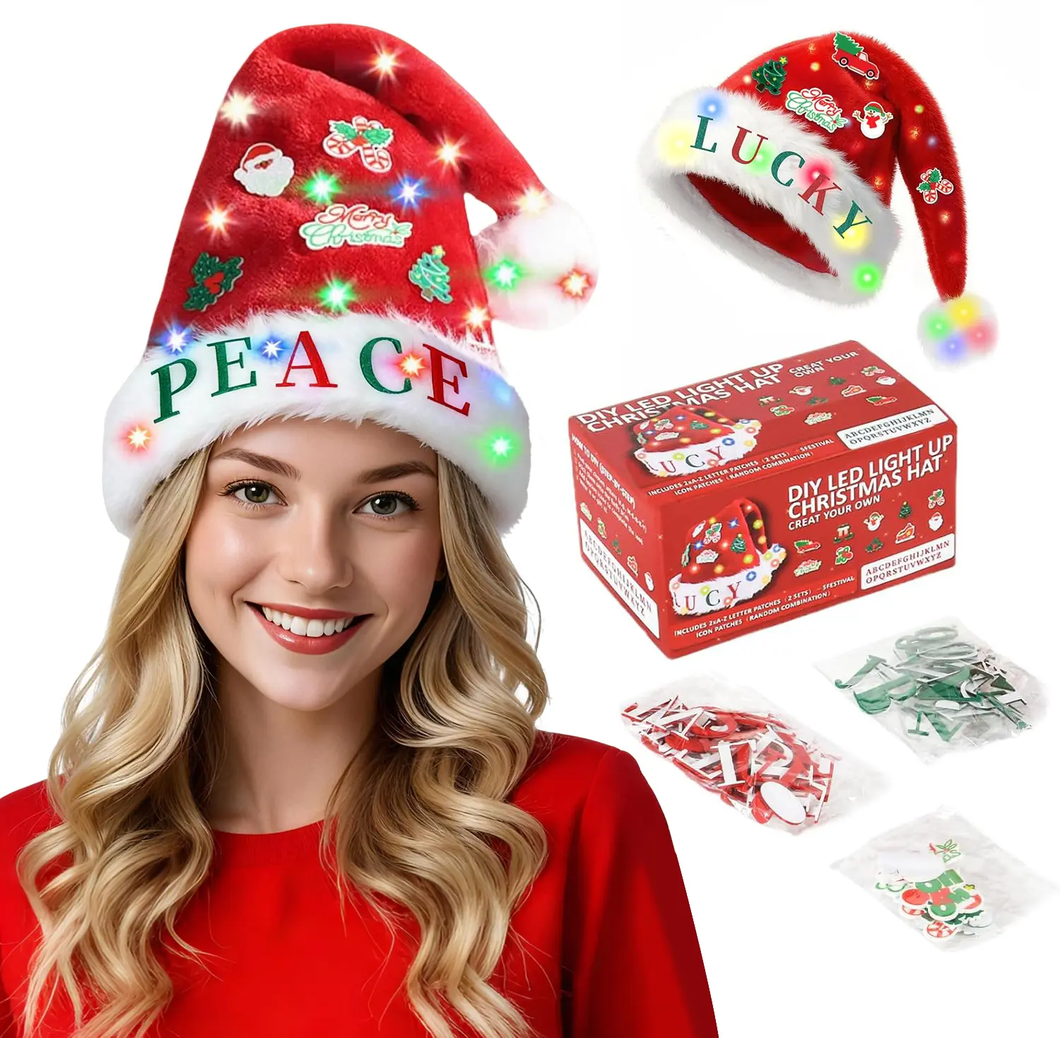 Santa Hat with LED Lights and DIY Stickers, Extra Thick Velvet Christmas Hat for Adults Unisex for New Year Holiday Party & Christmas Decorations