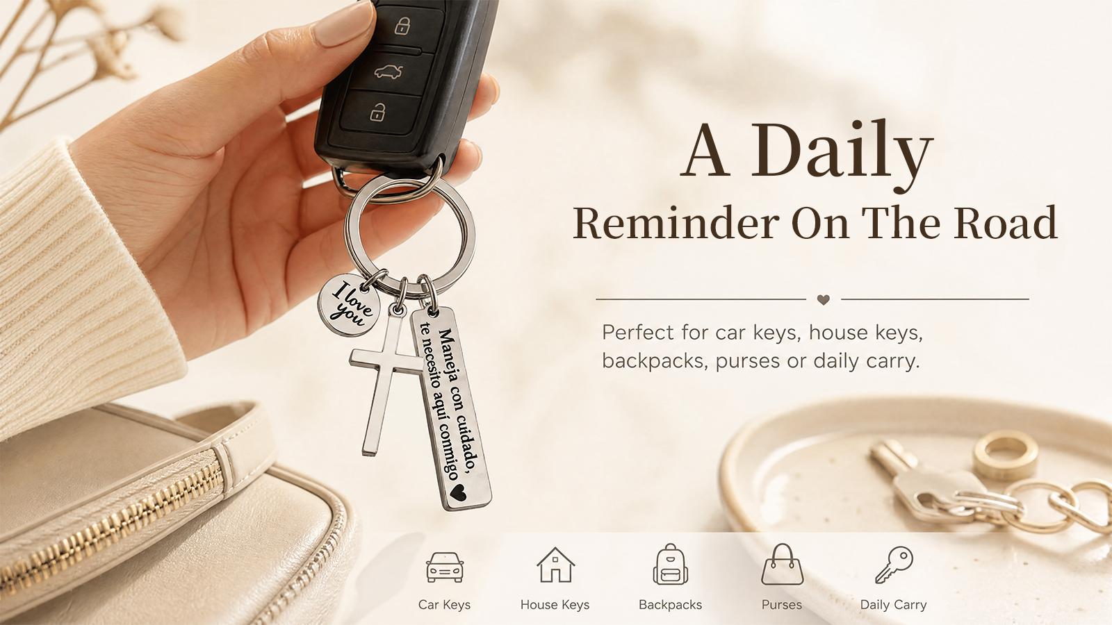 Maneja Con Cuidado Te Necesito Aquí Conmigo Keychain with Cross & "I Love You" Charm, Spanish Drive Safe Stainless Steel Keyring, Romantic Religious Gift for Him/Her Adjustable Heart Rate Couples Bracelet Set Rotating Retractable Reading Badge Holder