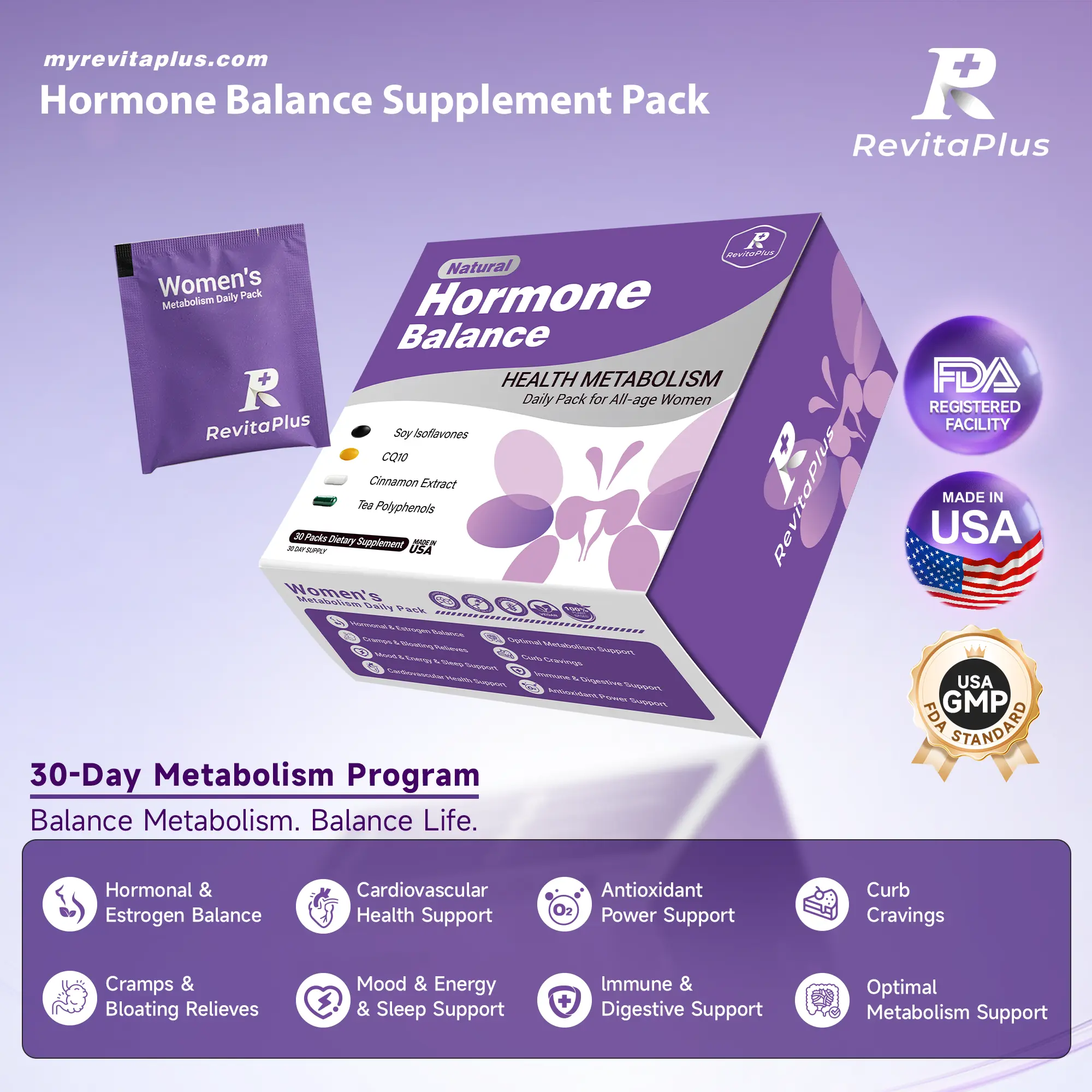RevitaPlus Balance Pack Women’s Hormone Balance Supplement | Soy Isoflavone, CQ10, Cinnamon Extract, Tea Polyphenols | Energy, Metabolism & Monthly Comfort Support | 30-Day Wellness Pack