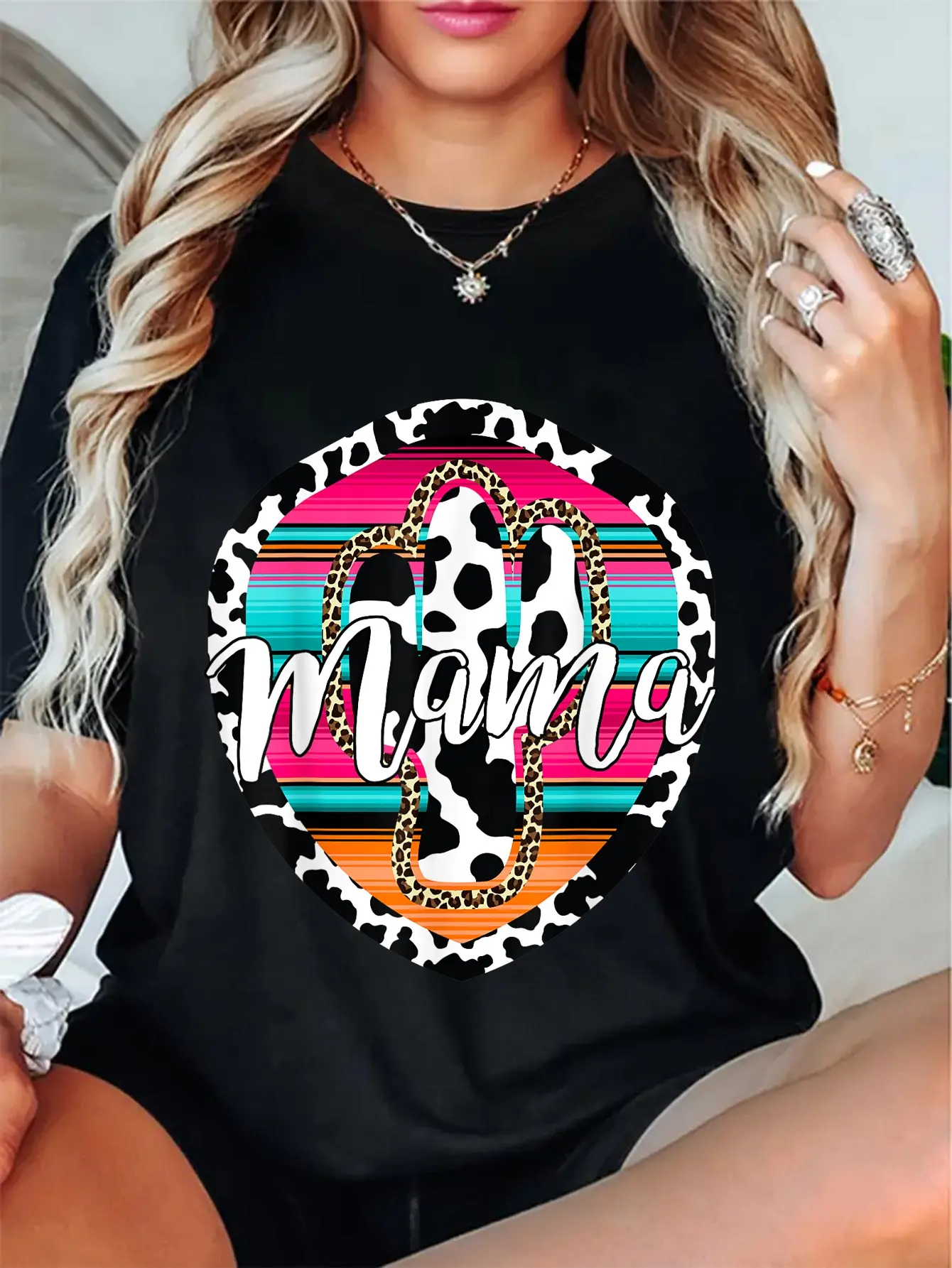 Women's Mama T-Shirt - Vintage Graphic Streetwear with Serape, Leopard & Cow Print - Cotton Short Sleeve Mother's Day Gift, Top, Casual, Graphic Print Stands Out, Round Neck, Serape Print