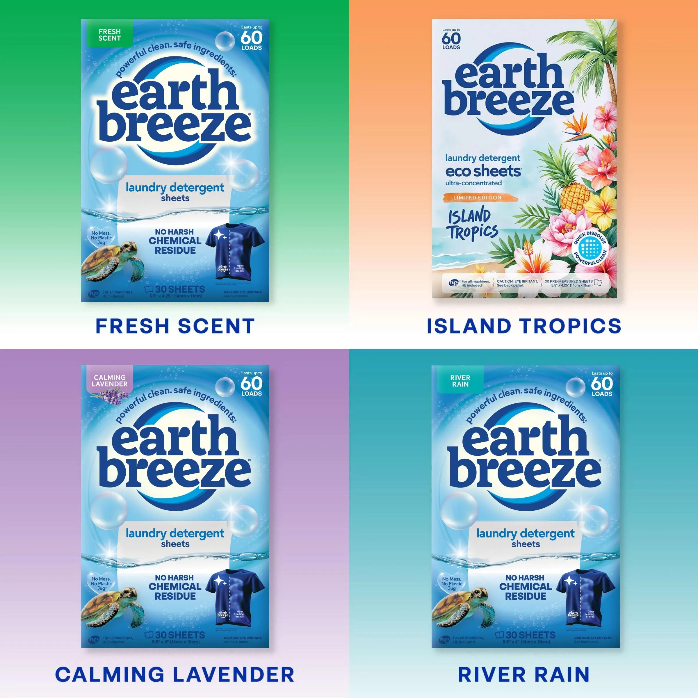Earth Breeze Laundry Detergent Sheets 4-Pack Bundle: Powerful Clean, Safe Ingredients, No Harsh Chemical Residue from Optical Brighteners, Gentle on Skin, 240 Loads Washdetergent