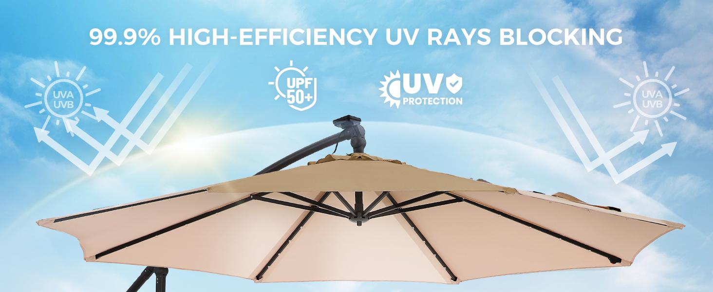 [With Base] 10ft Offset Outdoor Patio Umbrella with Base & Solar Light, Easy Tilt & Crank, Adjustable UPF 50+ UV Protection for Garden, Backyard & Poolside