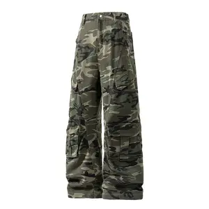 Men’s retro camouflage cargo pants, micro-flare camouflage denim jeans, new casual cargo-style pants, unisex high-street fashion loose straight-leg drop-crotch wide-pocket casual trousers, comfortable breathable fabric, suitable for everyday wear and outd