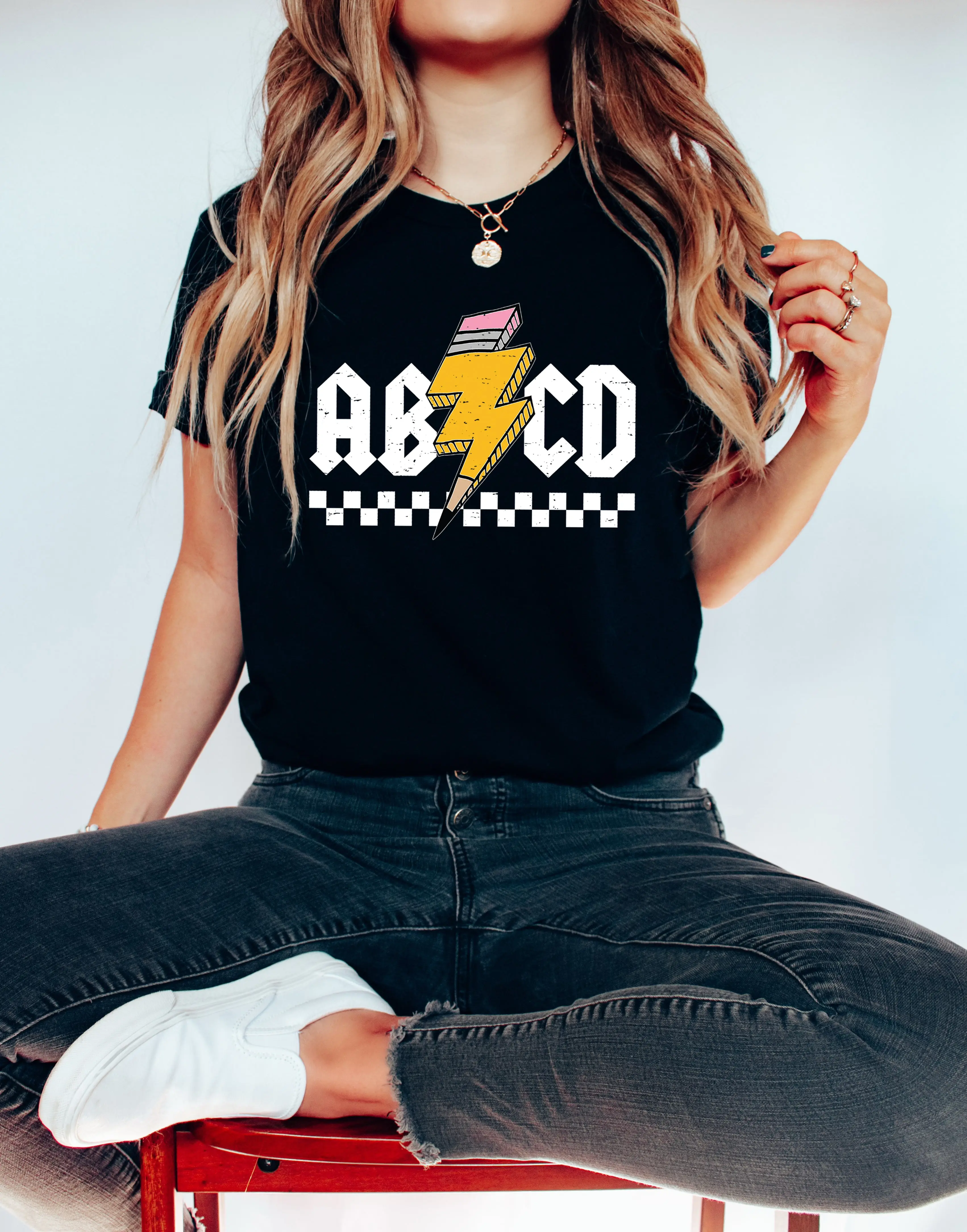 ABCD Adult T-shirt for Teacher - Crewneck Unisex Tee with Lightning Bolt Pencil Design & Retro Checkerboard Detail for Educators - Teacher Appreciation Gift - Hello Handpressed