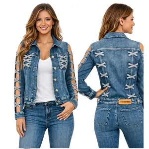 Rhinestone Cutout SKULL Bling Jean Jacket Embroidery Embellished biker Stretch Denim Ladies Rock alternative rhinestone Casual Long Sleeve Womenswear Button Chic