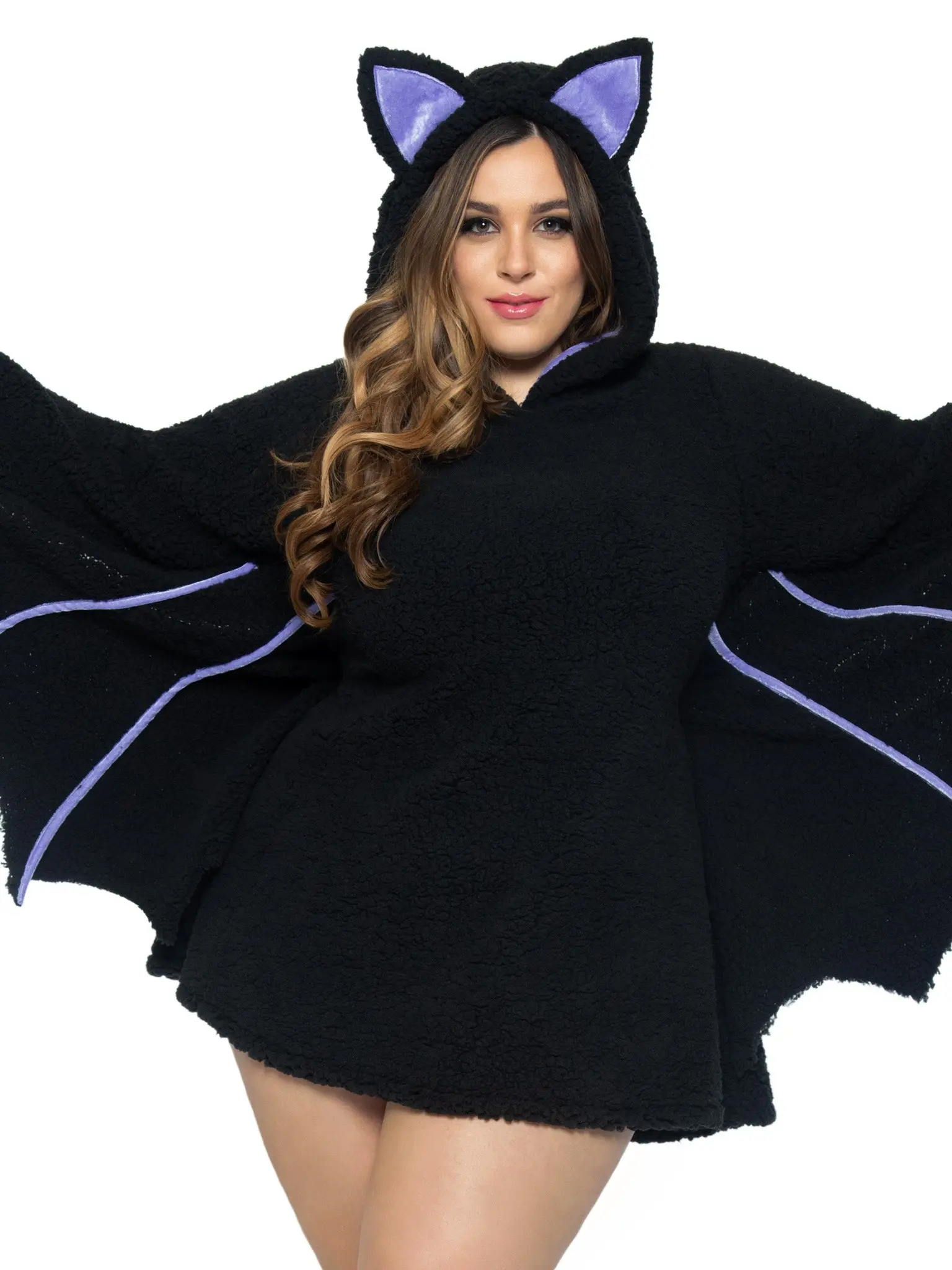 Plus Size Ultra-Soft Moonlight Bat Dress, a Comfortable Fit Halloween Costume for Women with Attached Wings and Purple Ear Hood, Clothes, Fleece, Cute, Plus Size Halloween Costume, Bat Costume