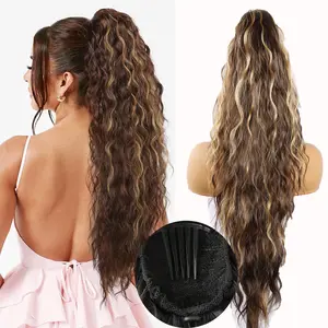 Ponytail Extension 30 Inch Long Comb Clip Ponytail Extension Curly Wavy Pony Tails Hair Extensions Clip in Synthetic Hairpiece for Women Girls Dark Brown with Highlights Claw Clip