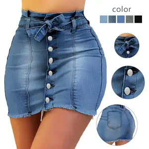 Women's High - Waisted Denim Mini Skirt with Button - Down & Bow - Accent - Retro - Inspired Style Womenswear Feminine
