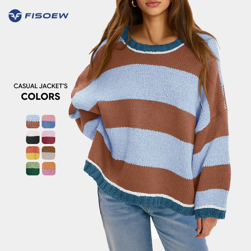 FISOEW Women's Oversized Color Block Crewneck Knitted Pullover - Long Sleeve Tops, Soft Comfy Everyday Clothing, Fall Casual Loose Round Neck Womenswear Knitwear
