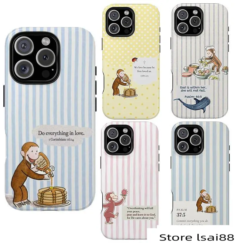 lsai Vintage Curious George Phone Case – Cartoon Monkey Pouring Syrup on Pancakes with Bible Verse "Do Everything in Love" on Blue Striped Background, Cute Protective Cover for iPhone 16 Pro Max 15 14 13 12 11 X, Samsung Galaxy S25 S24 S23 S22.8lsai