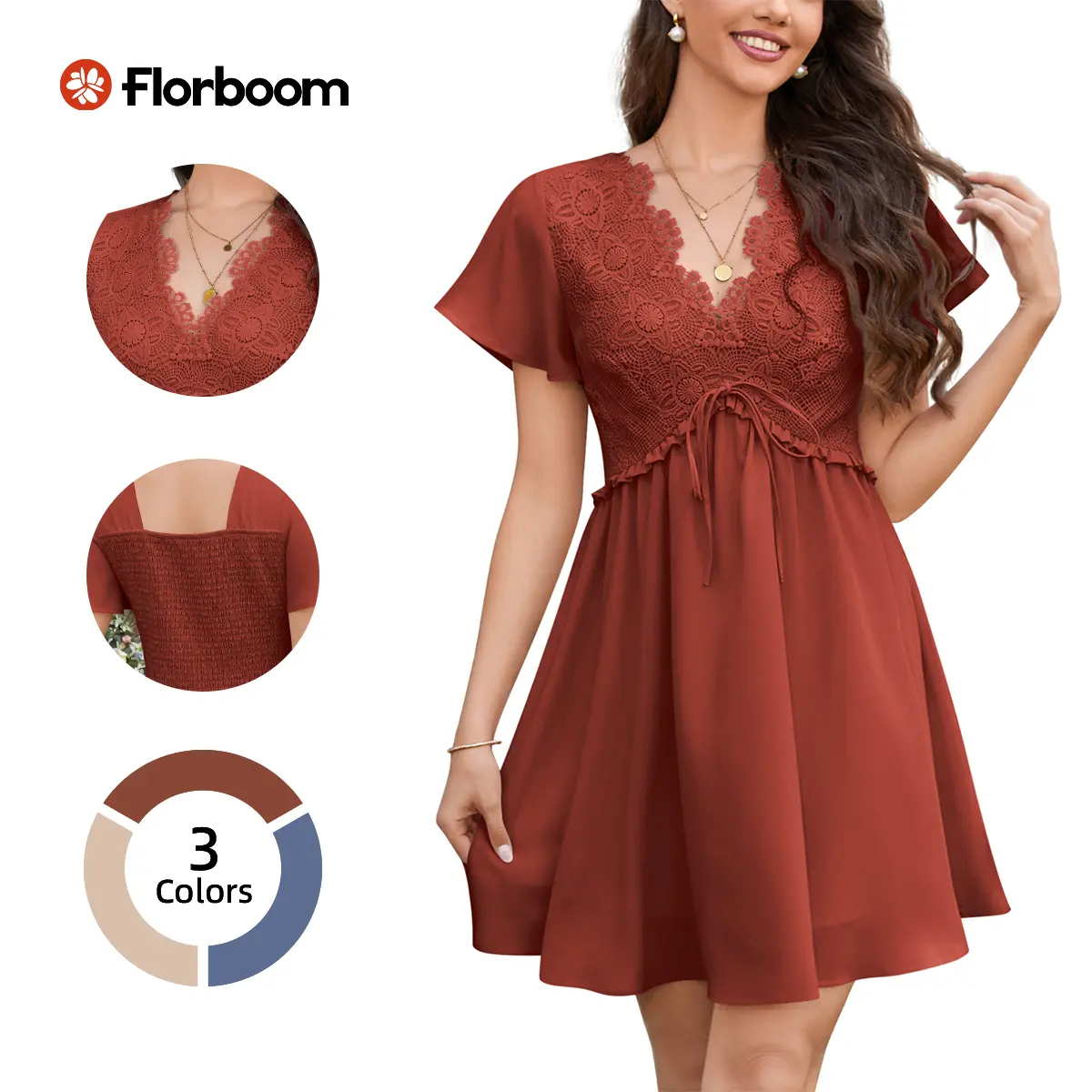 Florboom Women's Floral Lace Boho Deep V Neck Mini Dress Flutter Short Sleeve A-Line Flowy Dresses Perfect for Family Pictures,Wedding Guest, Bride, Baby Shower, Church,Summervibes