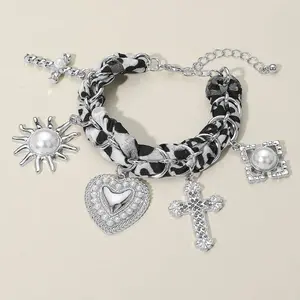 Bold Pearl Embellished Heart Cross Sunburst Charm Station Leopard Fabric Chain Bracelet: Black,Rhodium,White