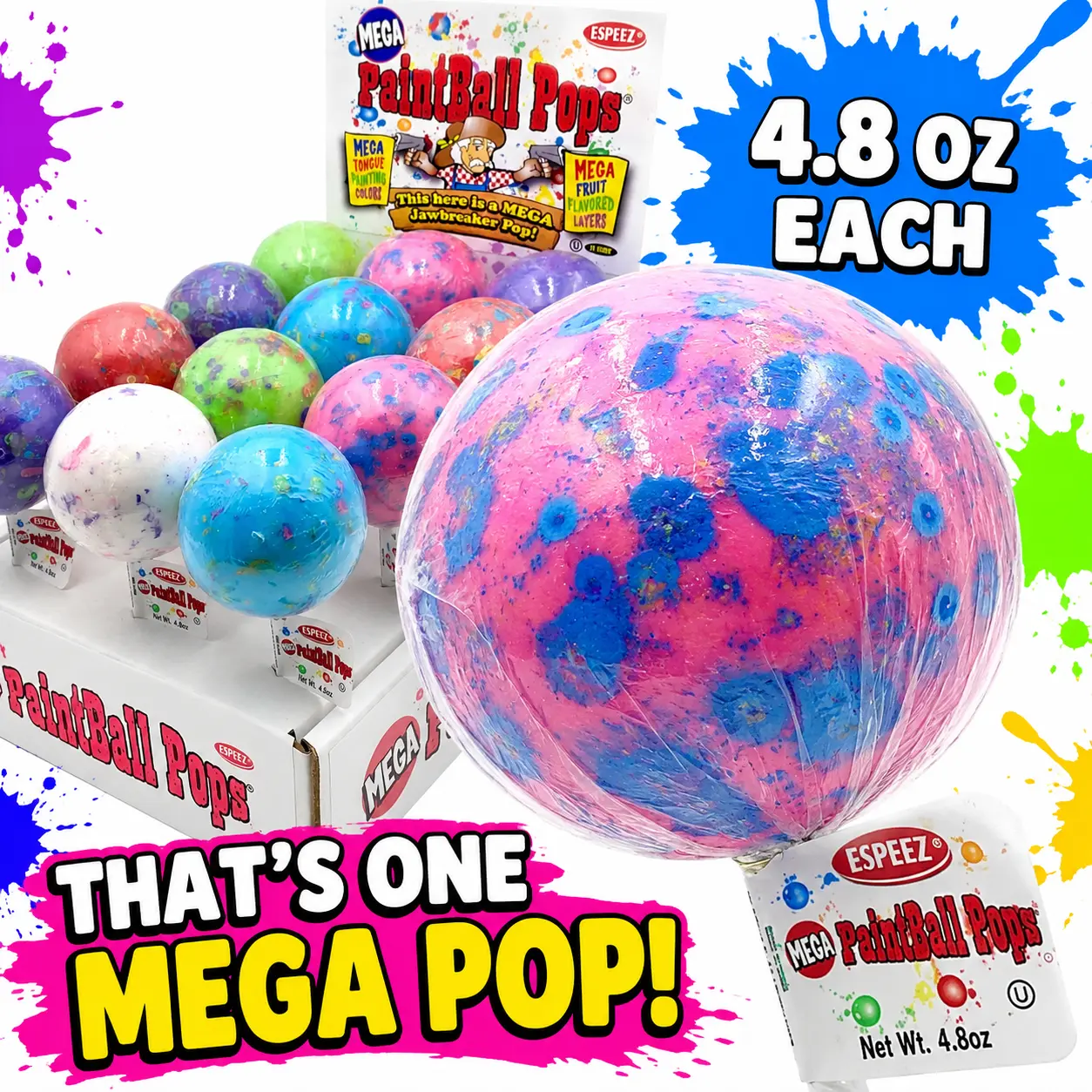 Espeez Mega Paintball Classic Giant Jawbreaker Candy - Bigger Than Your Mouth, Thick Chewy, Soft Chewy Sweets, Sweet Fruity Candies, Multi-Layered Assorted Flavors, Youth-Focused Delicious Snack Treat