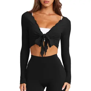 Songling Women's Lace-Up Front Wrap-Over Top Long-Sleeved Cropped Cardigan Yoga & Ballet Cover-Up Pilates Set Gym Exercise Activewear Lightweight Casual - Essential, Fitness Top, Womenswear