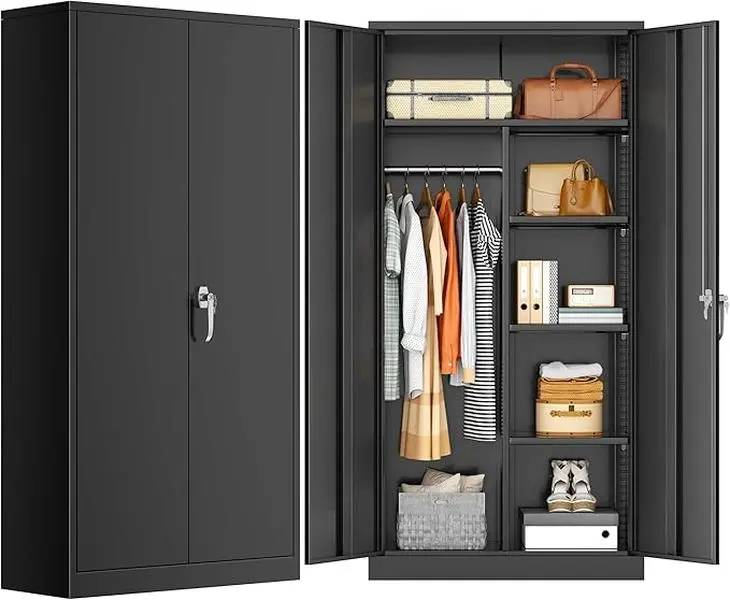 INTERGREAT Metal Wardrobe Closet, 72" H Metal Storage Armoires Cabinet with Lockable Doors and Hanging Rod, Armoire Wardrobe Closet with 4 Adjustable Shelves for Home Office, Warehouse, Garage, Black#Summervibes