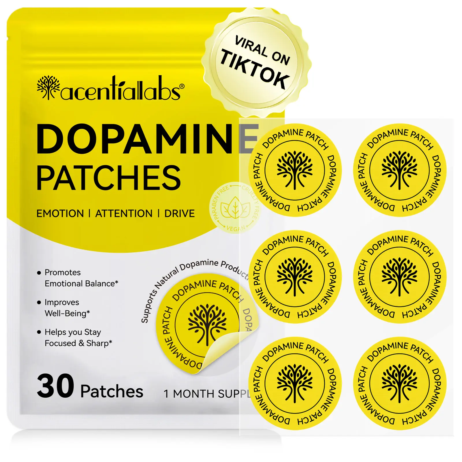 Acentiallabs Transdermal Dopamine Stick Patches - 30 Patches (1-Month Supply), Natural Focus Relief, Mood Booster, Brain Fog Relief, Emotional Balance, Concentration Support, Mental Clarity, Vegan, Paraben-Free for Students, Work campingessentials