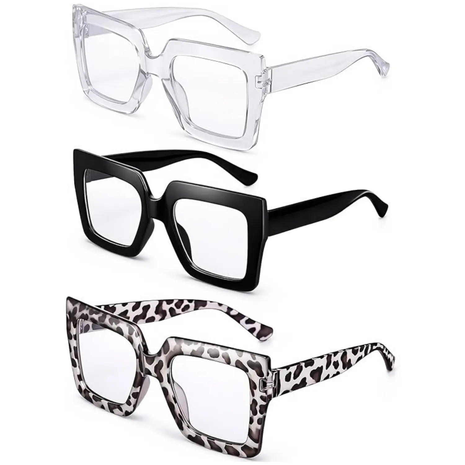 3 Pcs Oversized Blue Light Glasses for Women, Fashion Thick Square Computer TV Eyewear Eyeglasses Non-Prescription