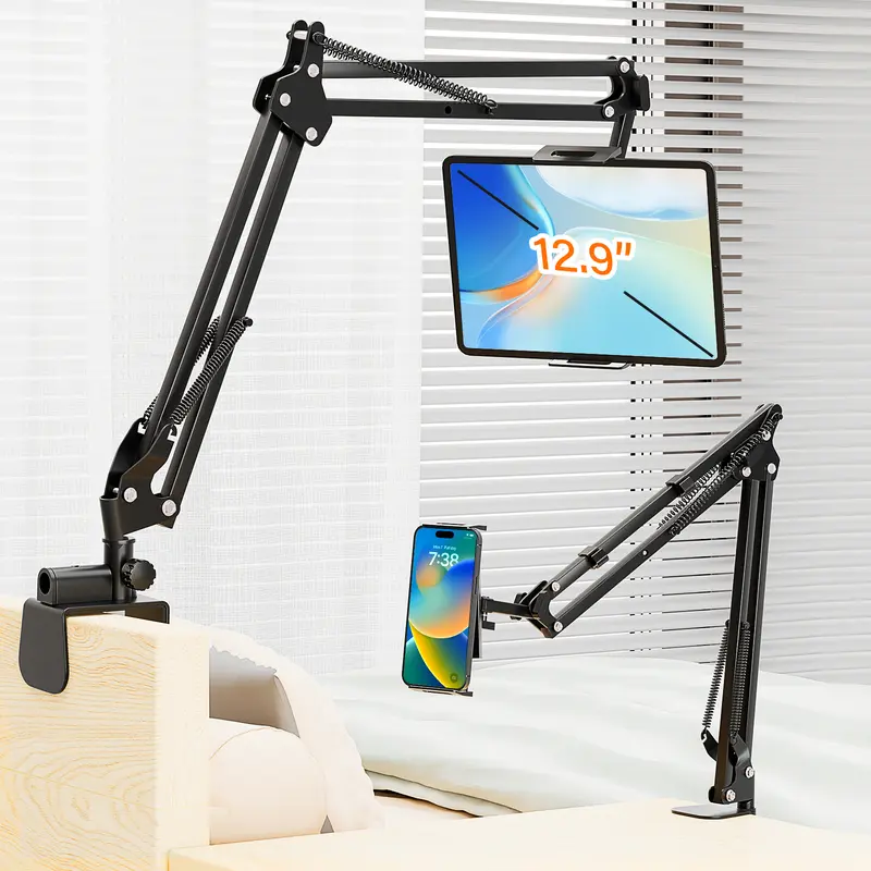 PEYOU Lazy Adjustable Tablet Phone Mount - 360° Angle Control Cell Phone Stand, Foldable Carbon Steel Computer Accessories, Free Extension, Anti-Shake Cable Clips, Double Stability for Video Watching (3 lbs)