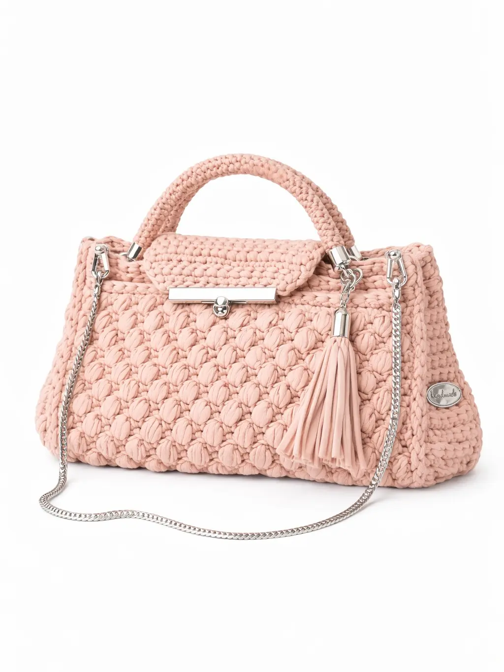 Women's Handmade Crochet Textile Yarn Blush Pink Clutch Bag - Casual, Lightweight, Chic, Elegant Silver Chain Strap, Delicate Tassel Accents, Made to Order