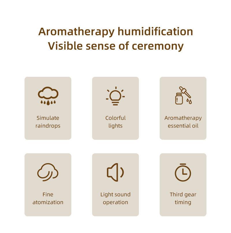 Home rotating raindrop aroma diffuser with colored night light, desktop mushroom and aquatic plant air humidifier with remote control.