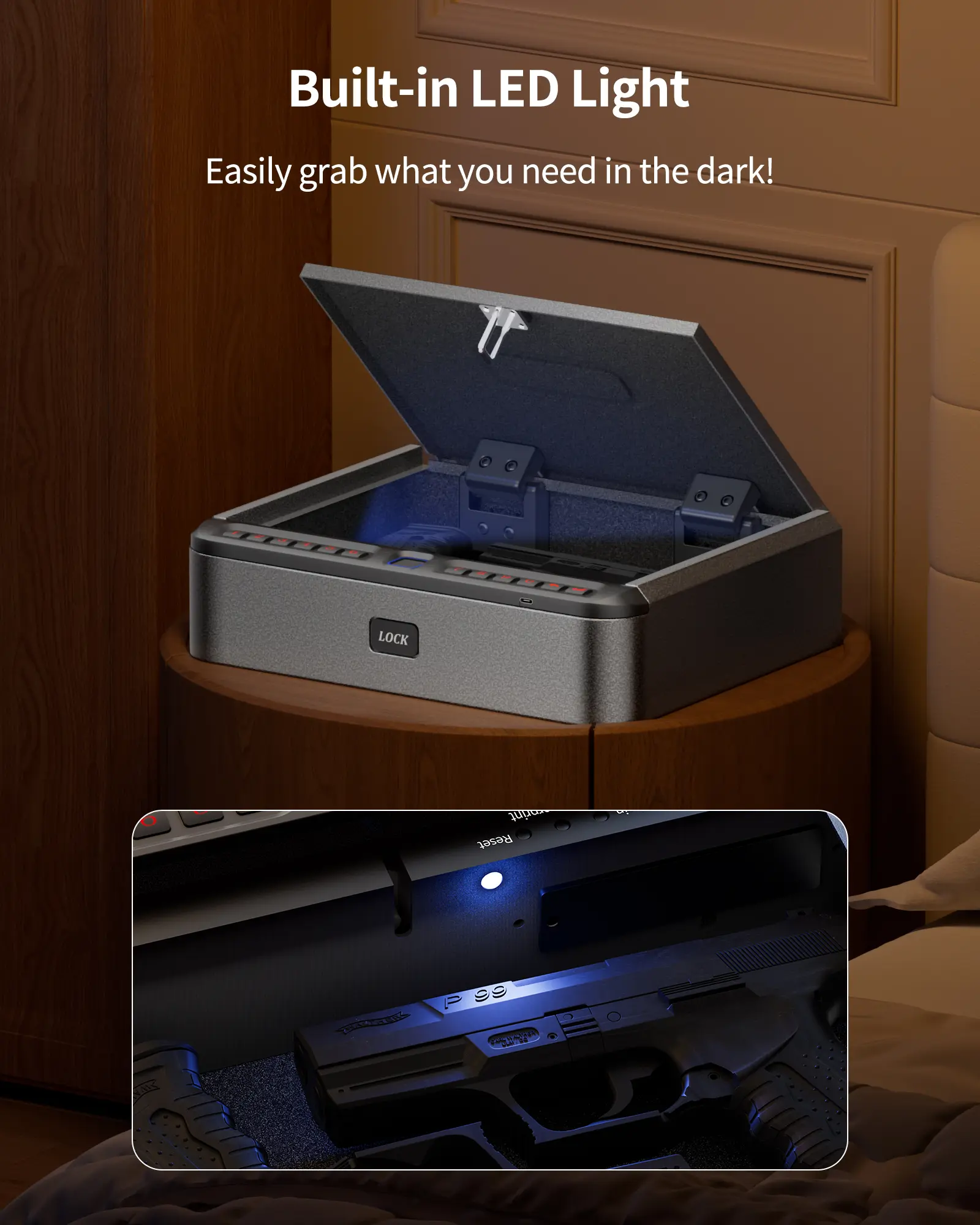 Billconch Biometric Gun Safe with APP Control - Biometric 4-Way Quick Access Lock Box (Fingerprint/Keypad/Key) for Nightstand, Bedside & Home
