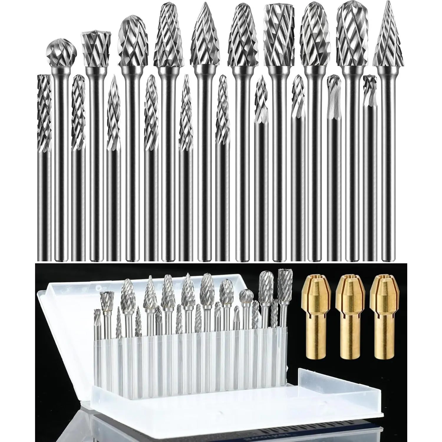 23-Piece Tungsten Carbide Burr Carving Tool Set - Double Cut 1/8-Inch Shank Rotary Bits, Various Heads, 3 Brass Collets, 1 Manual, 140000rpm, Dremel/Die Grinder Compatible, Diamond Drilling Bits for Wood Engraving, Polishing, Sculpting