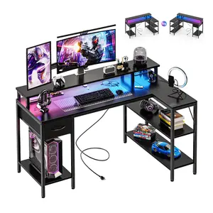 L Shaped Gaming Desk With App Controlled RGB LED Lights, Music Sync Mode, 4 Outlets 2 USB Charging Station, Monitor Stand CPU Shelf And Fabric Drawer, Sturdy For Home Office