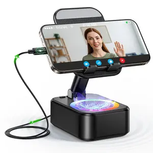 Wired audio sensing Bluetooth speaker with emergency charging function, 5-in-1 phone stand, power bank, LED night light, suitable for tablets, iPhone, and Android devices, Pink Bluetooth speaker/microphone *2