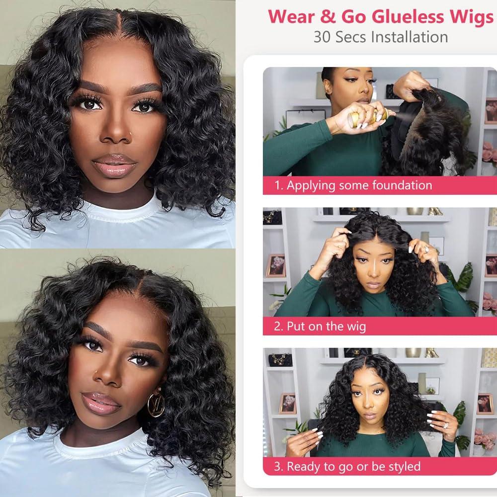 Wear And Go Glueless BOB Human Hair Wig Peruvian Deep Wave Curly Short Bob 6x4 HD Pre Cut Glueless Water Wave Wig 100% Human Hair For Women Ready To Wear And Go On Sale