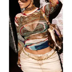 Street Style Abstract Print Semi-Turtleneck Long Sleeve Mesh See-Through Fitted T-Shirt