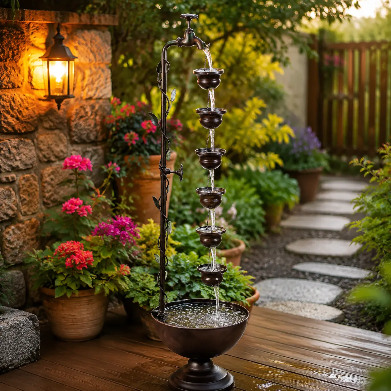 6-Tier Multi-Tier Cascading Flow Outdoor Garden Water Fountain with Metal Finish, Included Pump, Soothing Sound, Patio Garden Decor for Home Improvement Projects
