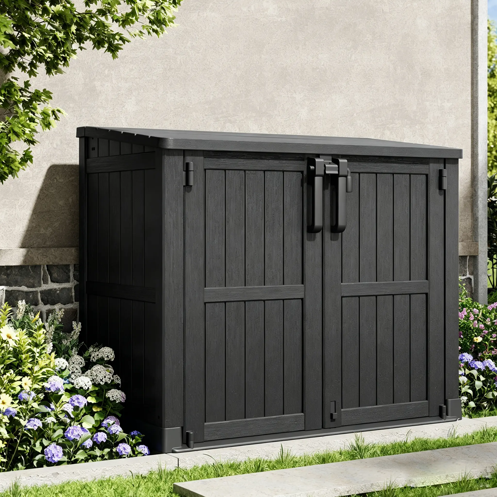 Outdoor Storage Shed 36 Cu. Ft. Garden Storage Extra Large Capacity Weather Resistant Storage Box, Lockable Resin Waterproof Shed for Bike, Garbage Cans, Lawnmowe, Garden Tools,Summervibes Black