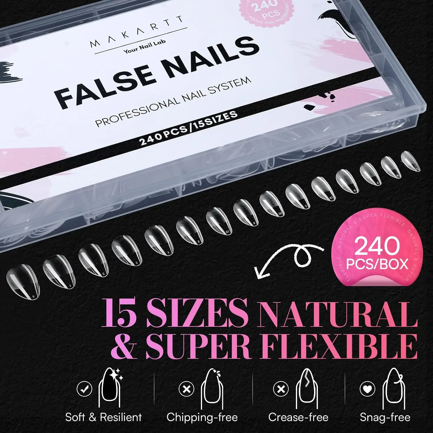 Makartt Nail Tips: 240PCS, 15 Sizes,9 Types of Nail,Pre Etched Fake Nails, Clear Gelly Half Matte Full Cover Soft Acrylic Press On Nail Extensions Salon and Home DIY for Flat & Natural Nail Beds