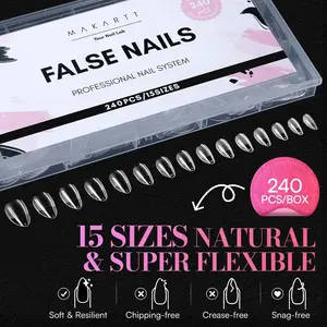 Makartt Nail Tips: 240PCS, 15 Sizes,9 Types of Nail,Pre Etched Fake Nails, Clear Gelly Half Matte Full Cover Soft Acrylic Press On Nail Extensions Salon and Home DIY for Flat & Natural Nail Beds