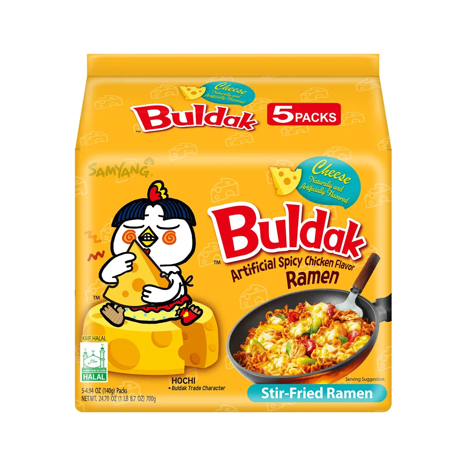 Samyang Buldak Cheese Super Spicy Instant Ramen Noodles (5 Packs) - Ramen Noodles Buldak, Ambient Pantry Food, 18g, 1440mg, Cholesterol-Free, Cheese-Infused, Corn Syrup Hint, Garlic & Onion Notes, Quick-Easy Stir-Fried Prep, Solo Enjoyment, 550 Calories,,