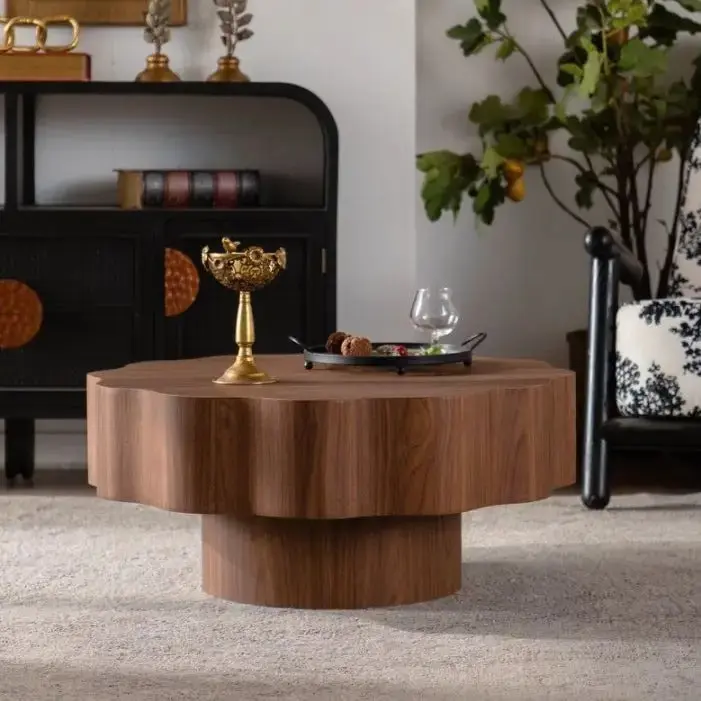 Scalloped Round Coffee Table – Walnut MDF Accent Table
