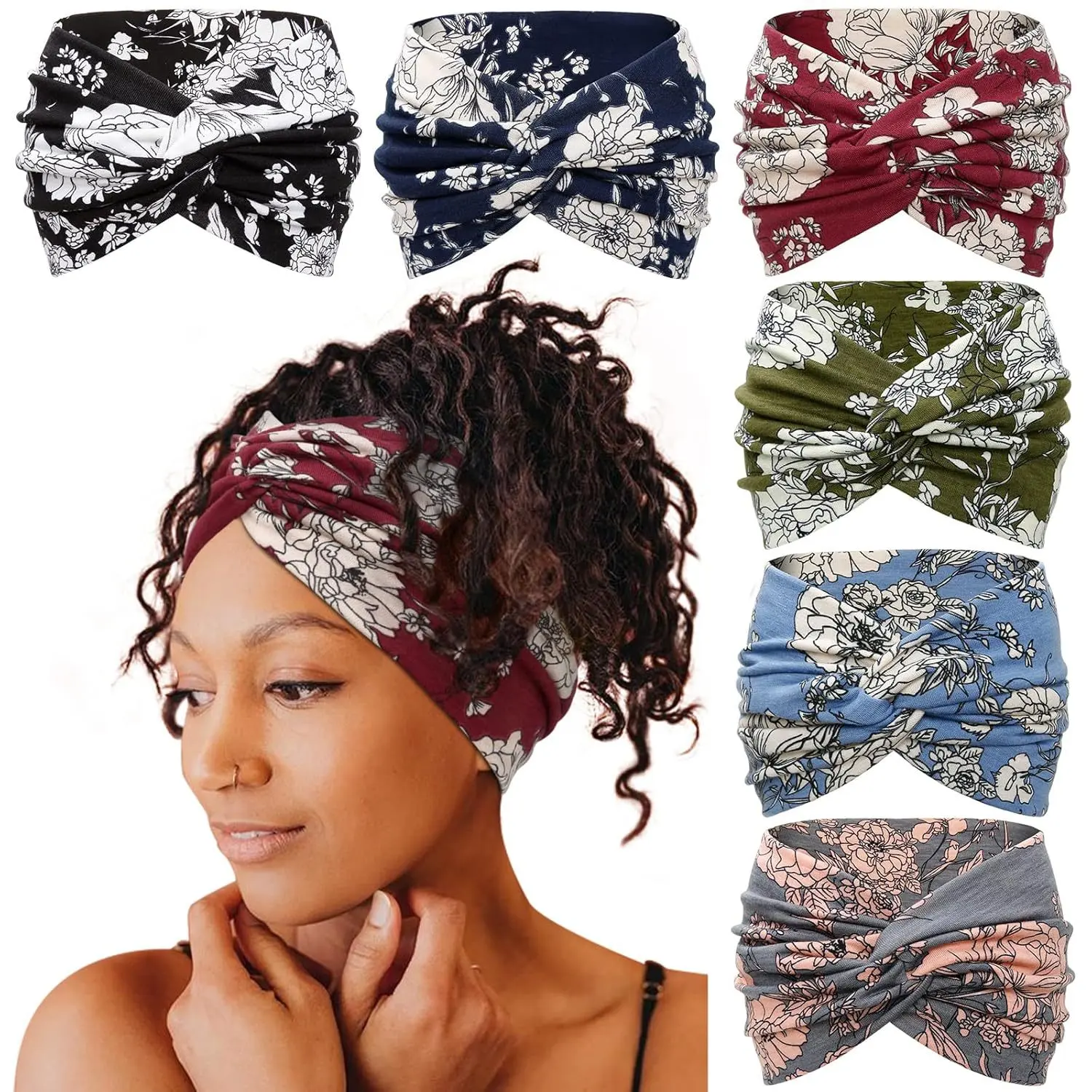 Cubidupi Women's 6-Pack Boho Wide Band Sports Headbands - Stretchy Breathable Mesh, Gym-Run Fitness Style Flex Headwraps, Yoga-Stable Fit Hair Control, Female Accessories for Women, One Size