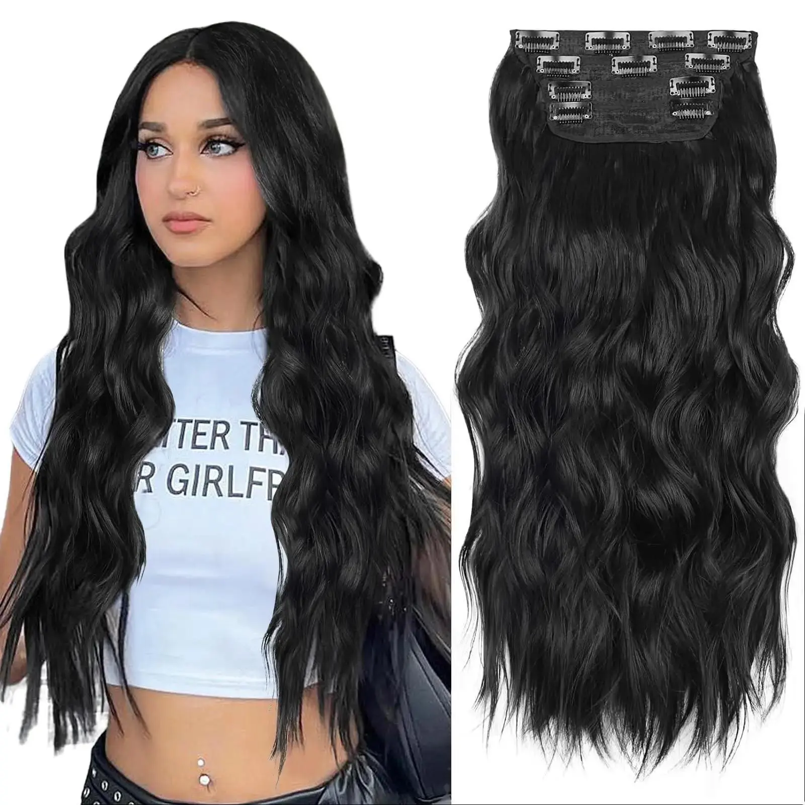 AISI HAIR Clip in Synthetic Hair Extension 4PCS Long Wavy Hair Extensions 20/24 Inch Synthetic Thick Hairpiece for Women