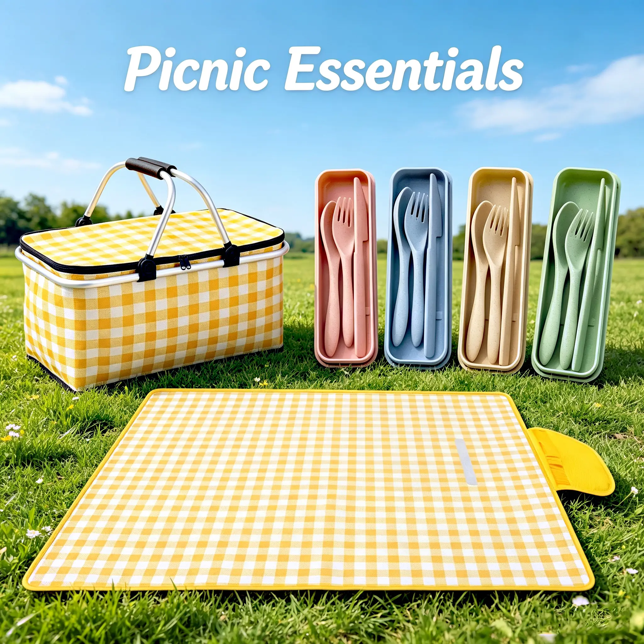 Reusable Picnic Bundle with  Gingham Insulated Basket,Mat & Reusable Cutlery for 4 People,Perfect for Camping, Beach, Hiking & Travel,Mother's Day gift for mom