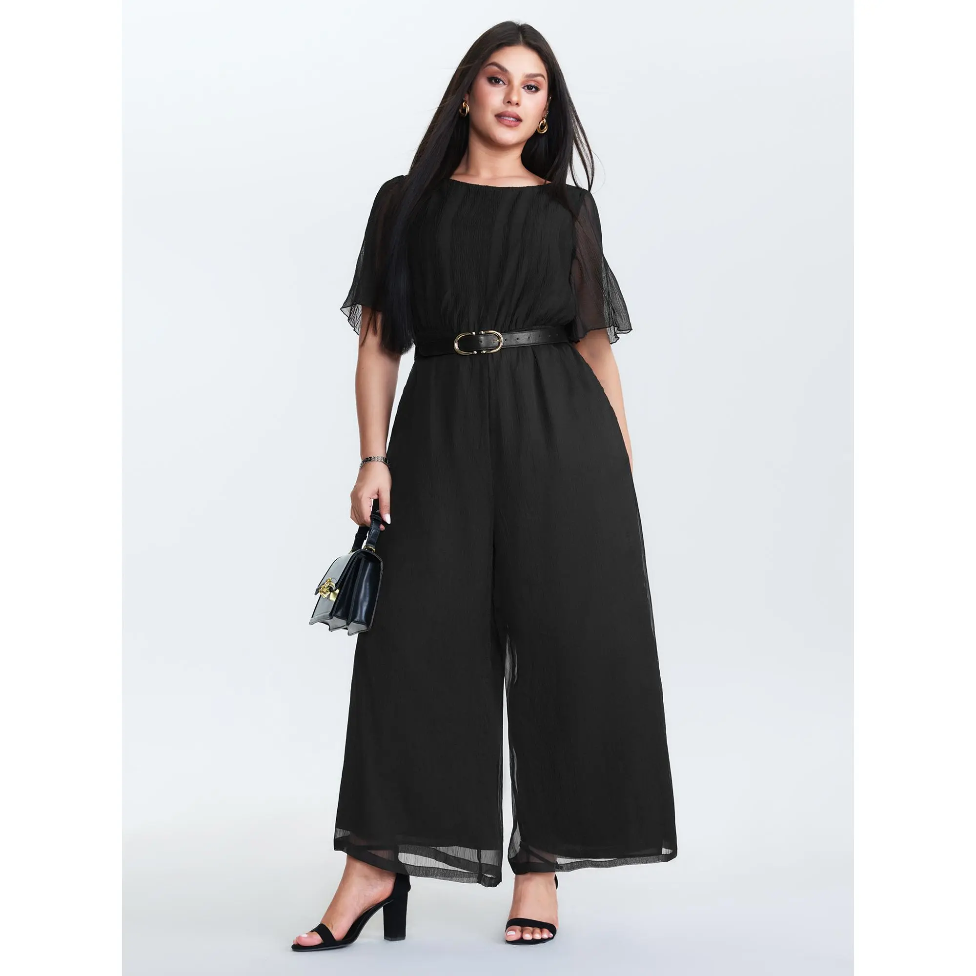 BLOOMCHIC Women's Plus Size Sheer Textured Flowy Polyester Jumpsuit - Sleeve, Smooth Fabric, Pocket, Great Fit [M-6X] - Summer Finds, Garment, Overalls, Boat Neck, Half Sleeve, Low Iron, 14-16/1X, Cold Wash, Jumpsuits For Women, Office-Ready In One Piece