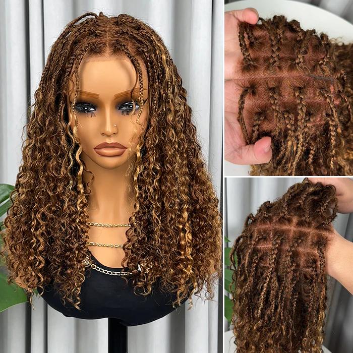 Pizazz Hair Boho Braided Wigs 4/27 Highlight Color Boho Braided Curly Human Hair Wigs 13x6 Glueless Pre Cut HD Lace Wig with Drawstring