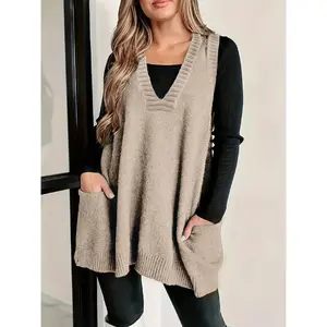 Plus Size Solid Color V Neck Sweater Vest, Casual Sleeveless Knit Top for Daily Wear, Women's Plus Clothing for All Seasons