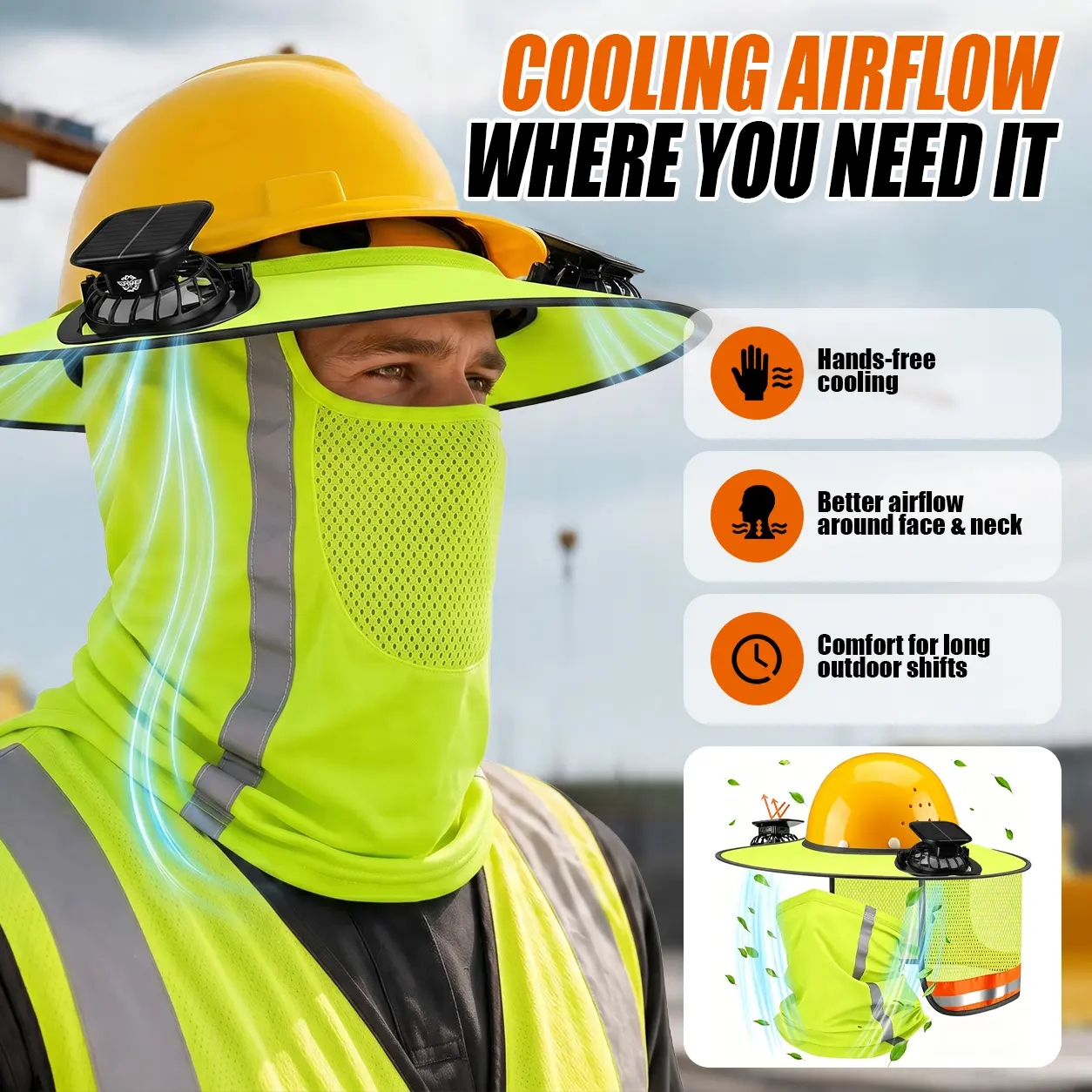 Construction Cooling Fan Hard Hat - Solar & Battery Powered, UV-Proof, Adjustable, ABS/HDPE, IP65 Rated, with Neck Gaiter, Practical Summer Outdoor Protection Accessory for Hardworking Dads