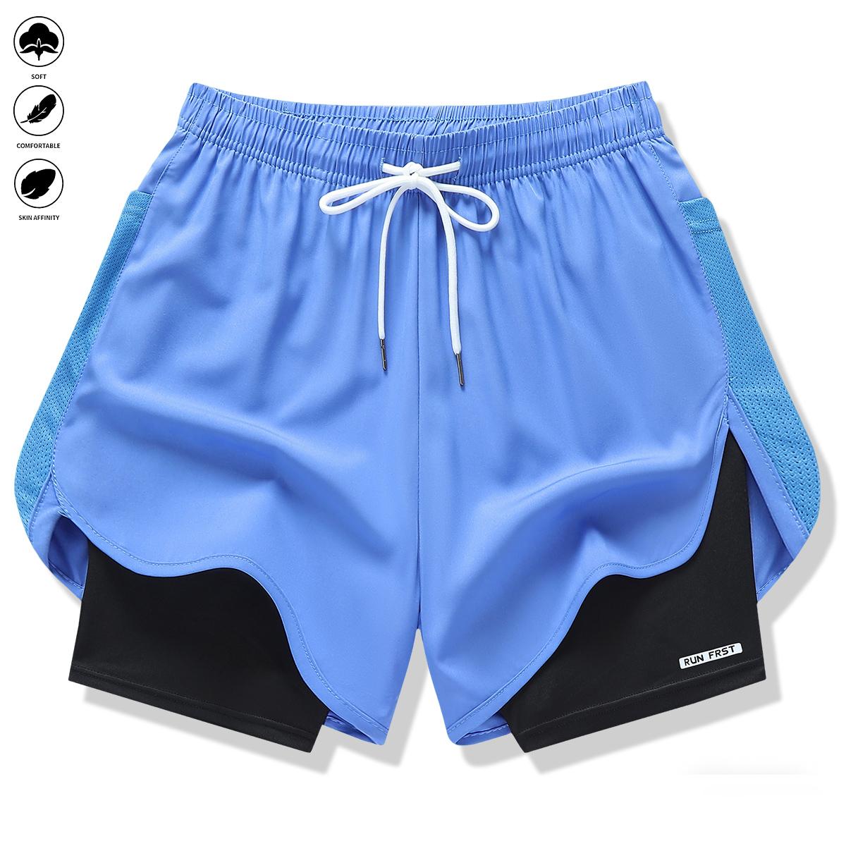 Pack of 5 women’s casual athletic shorts, solid color, faux two-piece design with built-in liner, elastic drawstring waistband, suitable for outdoor fitness, running, sports, and casual wear; women’s shorts