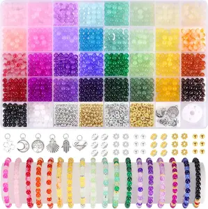 1368pcs 6mm Glass Beads for Bracelets, Thirty four Colors Crystal Beads for Jewelry Making, Round Glass Beads for DIY Earrings Necklace Crafts with Spacer Beads and Charms, Solid and Gradient